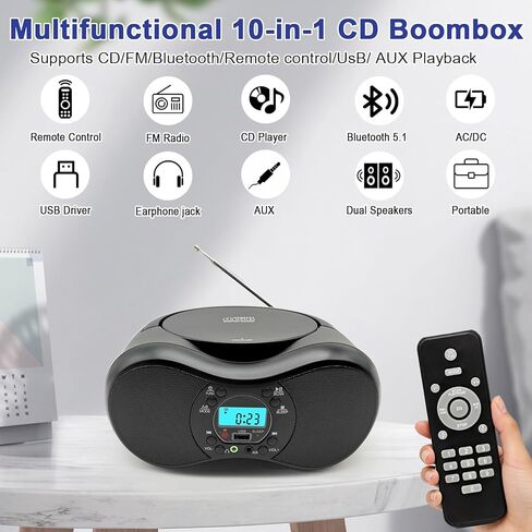 مشغل أقراص مضغوطة محمول مع بلوتوث، راديو FM، تشغيل USB، جهاز تحكم عن بعد، مكبرات صوت ستيريو، مقبس سماعة رأس AUX، بطارية AC أو 6 C، تكرار قابل للبرمجة، شاشة LCD، أسود قديم in Saudi Arabia