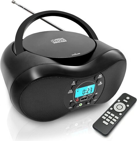 مشغل أقراص مضغوطة محمول مع بلوتوث، راديو FM، تشغيل USB، جهاز تحكم عن بعد، مكبرات صوت ستيريو، مقبس سماعة رأس AUX، بطارية AC أو 6 C، تكرار قابل للبرمجة، شاشة LCD، أسود قديم in Saudi Arabia