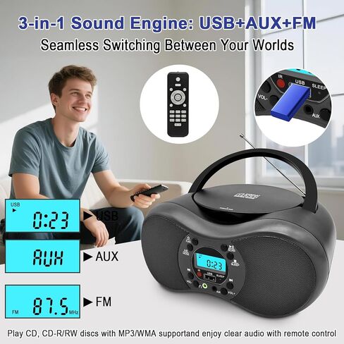 مشغل أقراص مضغوطة محمول مع بلوتوث، راديو FM، تشغيل USB، جهاز تحكم عن بعد، مكبرات صوت ستيريو، مقبس سماعة رأس AUX، بطارية AC أو 6 C، تكرار قابل للبرمجة، شاشة LCD، أسود قديم in Saudi Arabia
