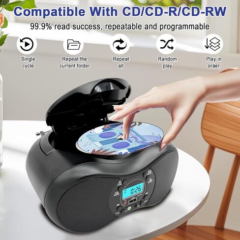 مشغل أقراص مضغوطة محمول مع بلوتوث، راديو FM، تشغيل USB، جهاز تحكم عن بعد، مكبرات صوت ستيريو، مقبس سماعة رأس AUX، بطارية AC أو 6 C، تكرار قابل للبرمجة، شاشة LCD، أسود قديم in Saudi Arabia