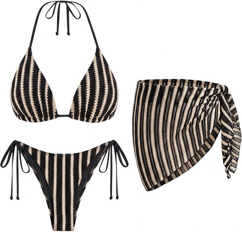 Women's 3 Piece Sexy Triangle Crochet Bikini Set - Halter Tie Side Swimsuit with Cover Up for Beach Vacation 2026 in Saudi Arabia