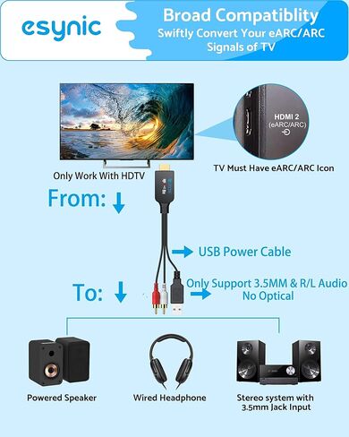 جهاز استخراج الصوت eARC المحمول من eSynic - كابل مدمج بطول 5 أقدام مصمم - USB Powerd-192KHZ ARC إلى RCA محول الصوت - التوصيل والتشغيل فقط تنسيقات PCM/LPCM 2.0 - فقط من HDTV إلى نظام صوت ستيريو L/R in Kuwait