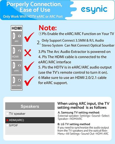 جهاز استخراج الصوت eARC المحمول من eSynic - كابل مدمج بطول 5 أقدام مصمم - USB Powerd-192KHZ ARC إلى RCA محول الصوت - التوصيل والتشغيل فقط تنسيقات PCM/LPCM 2.0 - فقط من HDTV إلى نظام صوت ستيريو L/R in Kuwait