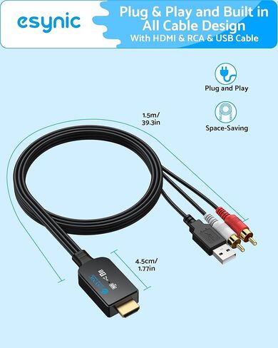 جهاز استخراج الصوت eARC المحمول من eSynic - كابل مدمج بطول 5 أقدام مصمم - USB Powerd-192KHZ ARC إلى RCA محول الصوت - التوصيل والتشغيل فقط تنسيقات PCM/LPCM 2.0 - فقط من HDTV إلى نظام صوت ستيريو L/R in Kuwait