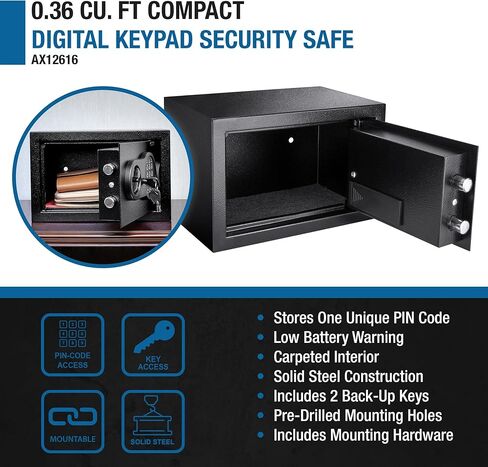 Barska 0.36 Cubic Foot Compact Digital Keypad Safe – Solid Steel Security Lock Box with Quick Access PIN Code, Dual Steel Deadbolts & Backup Keys for Home or Office Use in Saudi Arabia