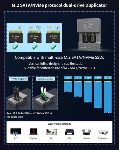 AOKO M.2 NVMe/SATA SSD Cloner مع مروحة تبريد، NVMe SSD إلى محول USB وقارئ، محطة إرساء USB-C بسرعة 10 جيجابت في الثانية M2، ناسخ PCIE NVMe/NGFF يدعم الاستنساخ دون اتصال، UASP والقص in Kuwait