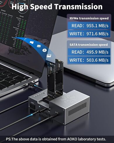 AOKO M.2 NVMe/SATA SSD Cloner مع مروحة تبريد، NVMe SSD إلى محول USB وقارئ، محطة إرساء USB-C بسرعة 10 جيجابت في الثانية M2، ناسخ PCIE NVMe/NGFF يدعم الاستنساخ دون اتصال، UASP والقص in Kuwait