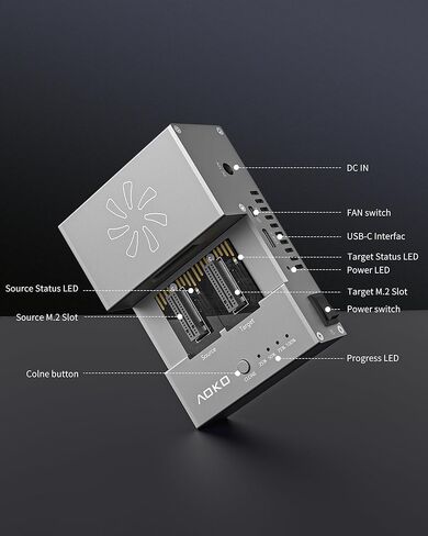AOKO M.2 NVMe/SATA SSD Cloner مع مروحة تبريد، NVMe SSD إلى محول USB وقارئ، محطة إرساء USB-C بسرعة 10 جيجابت في الثانية M2، ناسخ PCIE NVMe/NGFF يدعم الاستنساخ دون اتصال، UASP والقص in Kuwait