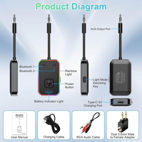 2026 Beeitzie Ultra Airplane Bluetooth 5.4 Transmitter - aptX LL الكمون المنخفض، يدعم سماعتين في وقت واحد - محول صوت لاسلكي أثناء الطيران، والتلفزيون، وصالة الألعاب الرياضية، والأجهزة اللوحية - إطار معدني in Kuwait