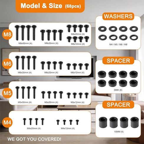 Universal TV Mounting Hardware Screw Kit Set with Box - M4 M5 M6 M8 Screws, Washers & Spacers, Replacement Screws for TV VESA Mounting, Fits Most TV/Monitor up to 80 inch, Strong & Durable in Saudi Arabia