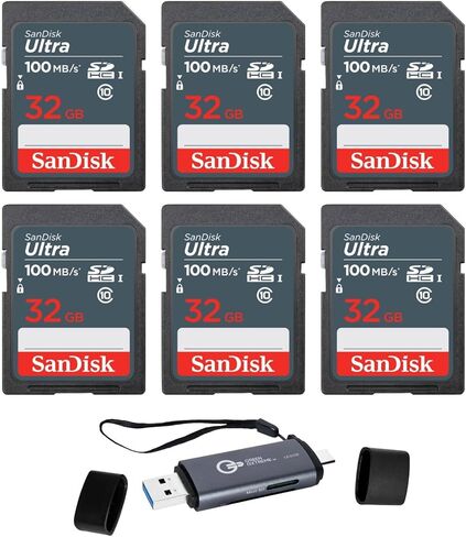SanDisk 32GB Ultra 100MBs SDHC Memory Cards, 6-Pack, Bundle with Green Extreme USB 3.0 Type-A and Type-C OTG Card Reader in Saudi Arabia