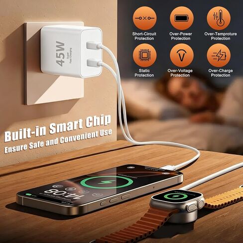 45W USB-C for iPhone 17 16 15 Pro Max Charger Fast Charging and Long Type C to C Cable Cord 10FT/6FT,PD 3.0 GaN Dual USB C Port Super Fast for iPhone 17 Pro/17 Air/16 Plus/15 Series/Pad/Galaxy S24/S25 in Saudi Arabia