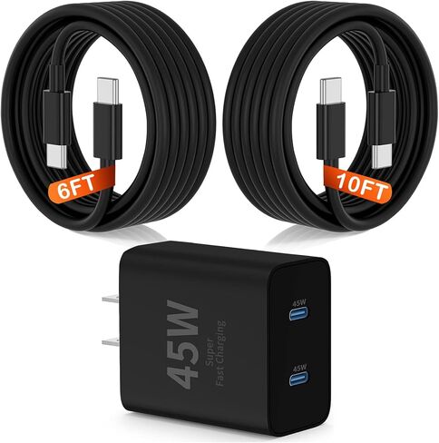 45W USB-C for iPhone 17 16 15 Pro Max Charger Fast Charging and Long Type C to C Cable Cord 10FT/6FT,PD 3.0 GaN Dual USB C Port Super Fast for iPhone 17 Pro/17 Air/16 Plus/15 Series/Pad/Galaxy S24/S25 in Saudi Arabia