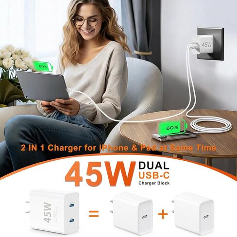 45W USB-C for iPhone 17 16 15 Pro Max Charger Fast Charging and Long Type C to C Cable Cord 10FT/6FT,PD 3.0 GaN Dual USB C Port Super Fast for iPhone 17 Pro/17 Air/16 Plus/15 Series/Pad/Galaxy S24/S25 in Saudi Arabia