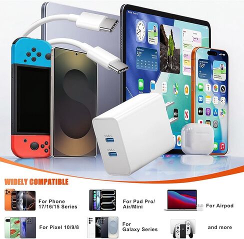45W USB-C for iPhone 17 16 15 Pro Max Charger Fast Charging and Long Type C to C Cable Cord 10FT/6FT,PD 3.0 GaN Dual USB C Port Super Fast for iPhone 17 Pro/17 Air/16 Plus/15 Series/Pad/Galaxy S24/S25 in Saudi Arabia