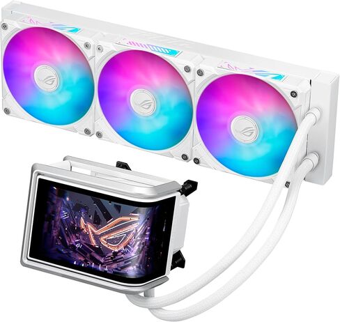 ASUS ROG RYUO IV 360 ARGB باللون الأبيض مع شاشة AMOLED منحنية مقاس 6.67 بوصة تدعم تأثير الفيديو ثلاثي الأبعاد أو إحصائيات النظام القابلة للتخصيص، بالإضافة إلى مضخة Asetek Emma Gen8 V2 ومراوح ARGB المثبتة مسبقًا بسلسلة ديزي in Saudi Arabia