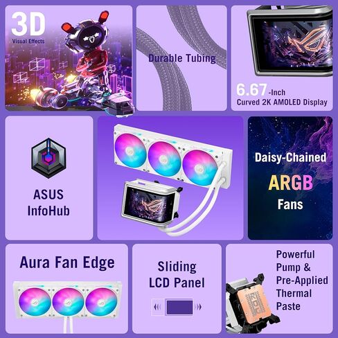ASUS ROG RYUO IV 360 ARGB باللون الأبيض مع شاشة AMOLED منحنية مقاس 6.67 بوصة تدعم تأثير الفيديو ثلاثي الأبعاد أو إحصائيات النظام القابلة للتخصيص، بالإضافة إلى مضخة Asetek Emma Gen8 V2 ومراوح ARGB المثبتة مسبقًا بسلسلة ديزي in Saudi Arabia