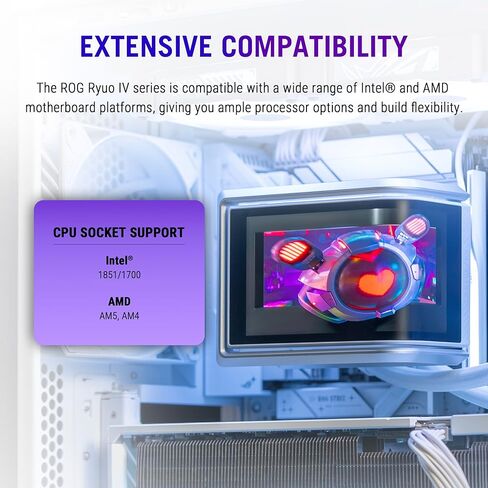 ASUS ROG RYUO IV 360 ARGB باللون الأبيض مع شاشة AMOLED منحنية مقاس 6.67 بوصة تدعم تأثير الفيديو ثلاثي الأبعاد أو إحصائيات النظام القابلة للتخصيص، بالإضافة إلى مضخة Asetek Emma Gen8 V2 ومراوح ARGB المثبتة مسبقًا بسلسلة ديزي in Saudi Arabia
