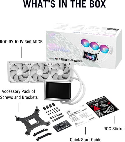 ASUS ROG RYUO IV 360 ARGB باللون الأبيض مع شاشة AMOLED منحنية مقاس 6.67 بوصة تدعم تأثير الفيديو ثلاثي الأبعاد أو إحصائيات النظام القابلة للتخصيص، بالإضافة إلى مضخة Asetek Emma Gen8 V2 ومراوح ARGB المثبتة مسبقًا بسلسلة ديزي in Saudi Arabia