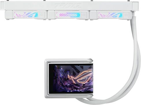 ASUS ROG RYUO IV 360 ARGB باللون الأبيض مع شاشة AMOLED منحنية مقاس 6.67 بوصة تدعم تأثير الفيديو ثلاثي الأبعاد أو إحصائيات النظام القابلة للتخصيص، بالإضافة إلى مضخة Asetek Emma Gen8 V2 ومراوح ARGB المثبتة مسبقًا بسلسلة ديزي in Saudi Arabia