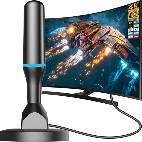 هوائي تلفزيون للقنوات المحلية الداخلية، هوائي تلفزيون رقمي للتلفزيون الذكي داخلي 4K HD بدون كابل - قاعدة مغناطيسية، استقبال 360 درجة، كابل 8.2 قدم، طويل المدى - يدعم أجهزة التلفاز عالية الدقة مع موالف مدمج in Kuwait