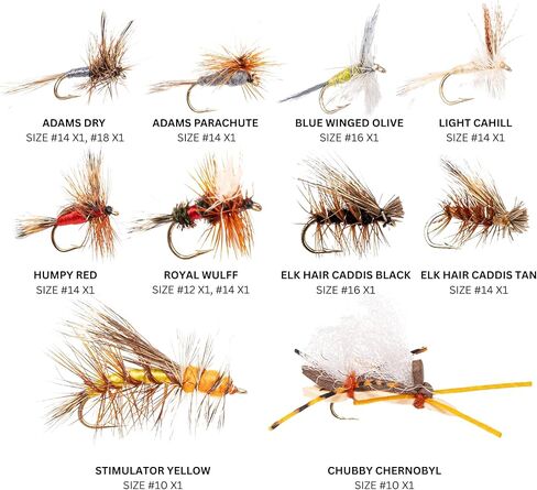 Dry Fly Starter Pack – 12 Premium Hand-Tied Trout Flies – Adams, Elk Hair Caddis, Royal Wulff, Chubby Chernobyl & More – Sizes 10-18 – Beginner Friendly Fly Fishing Flies in Saudi Arabia