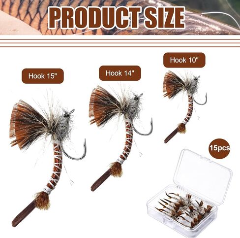 15 قطعة من طُعم صيد الذبابة Mayfly Fly حشرات صيد عدة مع صندوق مقاوم للماء لصيد سمك السلمون المرقط وباس بانفيش in Kuwait