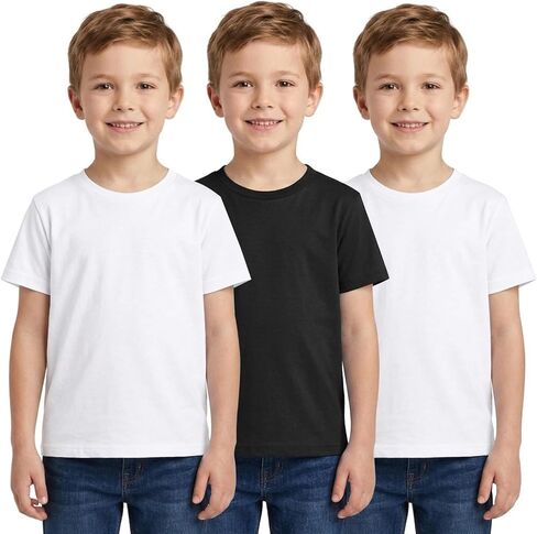قمصان LOOKFACE Kids مكونة من 3 قطع سادة بأكمام قصيرة 100% قطن ناعم بياقة دائرية للأطفال الصغار من الأولاد والبنات in Saudi Arabia