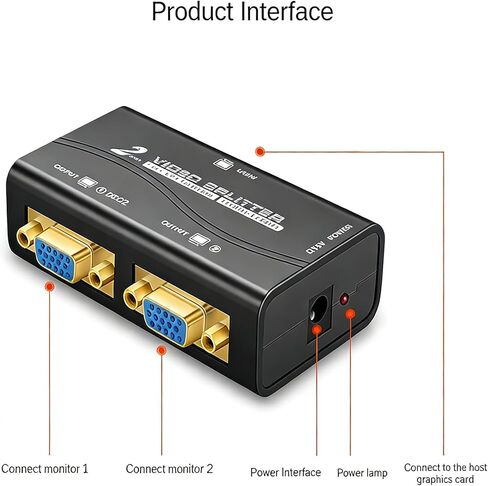 VGA Splitter 1 in 2 Out, Dual Monitor Duplicator for Displays and Projectors, 1920x1440 Resolution, 150-250MHz, Built-in Amplifier 40m, 5V Powered for PC, Laptop, DVR, Set-top Box in Saudi Arabia