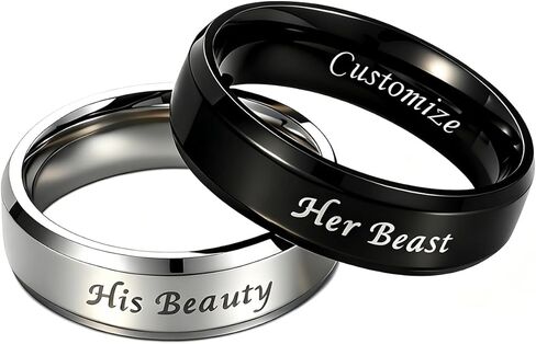 Custom Promise Rings for Couples Her Beast His Beauty Personalized Matching Rings Set Engraved Wedding Bands for Him and Her Customize Text A PAIR Stainless Steel 8mm 6mm Width in Saudi Arabia