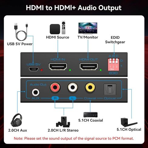 مستخرج صوت HDMI 8K 60 هرتز 4K 120 هرتز HDMI إلى محول AUX محوري بصري يدعم HDCP Digital DTS 5.1 إدارة EDID PCM 2.0 لـ Fire TV PS4 PS5 Xbox in Kuwait