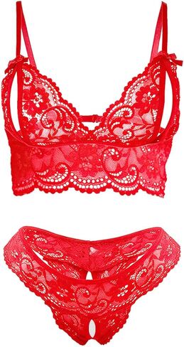 Floral Lace Unlined Bra and Thong Set - 2 Piece Sheer Sexy Lingerie for Women, Wirefree Bralette & Matching Panties in Saudi Arabia