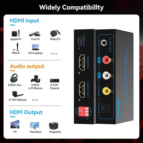 مستخرج صوت HDMI 8K 60 هرتز 4K 120 هرتز HDMI إلى محول AUX محوري بصري يدعم HDCP Digital DTS 5.1 إدارة EDID PCM 2.0 لـ Fire TV PS4 PS5 Xbox in Kuwait