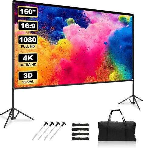 شاشة عرض خارجية 150 بوصة مع حامل، محمولة 16:9 4K HD داخلية وخارجية خالية من التجاعيد شاشة عرض أمامية/خلفية، مع حقيبة حمل للمسرح المنزلي والتخييم في الفناء الخلفي للسينما in Kuwait