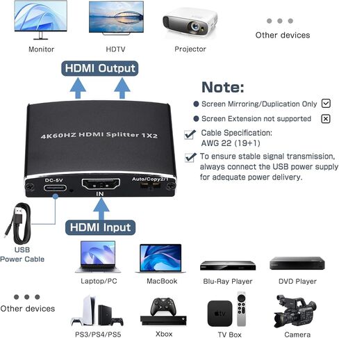2026 مقسم HDMI 2.0b مطور 4K@60 هرتز 1 في 2 مخرج، 4K HDMI Splitter مكرر فقط، يدعم 18 جيجابت في الثانية HDCP2.2 HDR 3D Dolby Vision، متوافق مع صندوق التلفزيون، PS5، مشغل DVD in Kuwait