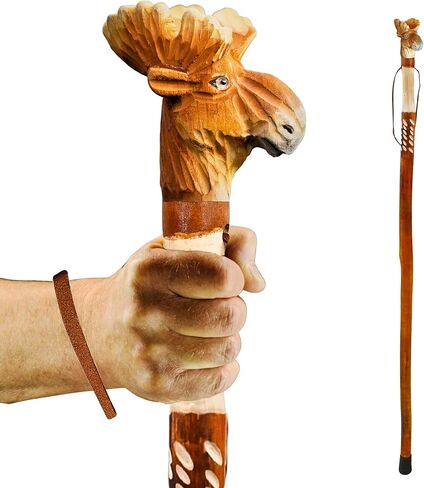 Carved Walking Stick with Animal Head - Lightweight and Strong Wooden Treckking Pole & Cane for Men Women & Seniors - A Hiking Gear Sculpted in Wood in Saudi Arabia