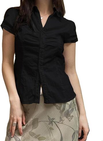 Women Plaid Shirt Short Sleeve Button Down Front Lapel Tops Y2k Slim Fitted Vintage Aesthetic Top Blouse in Saudi Arabia