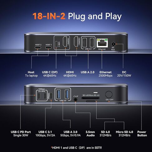 TobenONE 18-in-2 Docking Station Dual Monitor for MacBook Pro/Air M5/M4/M3/M2/M1 Pro/Max, Plug and Play, Mac Docking Station with 4K@60Hz HDMI&USB-C, 150W Adapter, 10Gbps/PD 30W, 7 USB, 2.5G Ethernet in Saudi Arabia