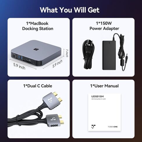 TobenONE 18-in-2 Docking Station Dual Monitor for MacBook Pro/Air M5/M4/M3/M2/M1 Pro/Max, Plug and Play, Mac Docking Station with 4K@60Hz HDMI&USB-C, 150W Adapter, 10Gbps/PD 30W, 7 USB, 2.5G Ethernet in Saudi Arabia