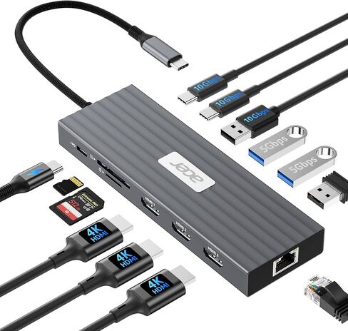 قاعدة شحن آيسر 3 شاشات مع 3 HDMI، موزع USB C 13 في 1 لأجهزة الكمبيوتر المحمول مع HDMI 4K@60 هرتز، إيثرنت 1 جيجابت في الثانية، بيانات 10 جيجابت في الثانية، 100 واط PD، SD/TF، ​​قاعدة كمبيوتر محمول لأجهزة Acer، XPS، Spectre، Surface، Mac in Saudi Arabia