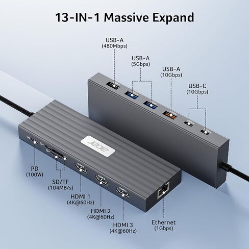 قاعدة شحن آيسر 3 شاشات مع 3 HDMI، موزع USB C 13 في 1 لأجهزة الكمبيوتر المحمول مع HDMI 4K@60 هرتز، إيثرنت 1 جيجابت في الثانية، بيانات 10 جيجابت في الثانية، 100 واط PD، SD/TF، ​​قاعدة كمبيوتر محمول لأجهزة Acer، XPS، Spectre، Surface، Mac in Saudi Arabia