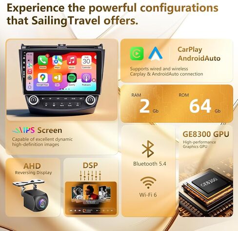 ستيريو راديو السيارة لـ Accord 7th 2003-2007، Android 13/QLED IPS شاشة تعمل باللمس/Carplay لاسلكي/Android Auto/Bluetooth/GPS Navigation/WiFi/5G/HD كاميرا احتياطية/SWC/FM in Kuwait