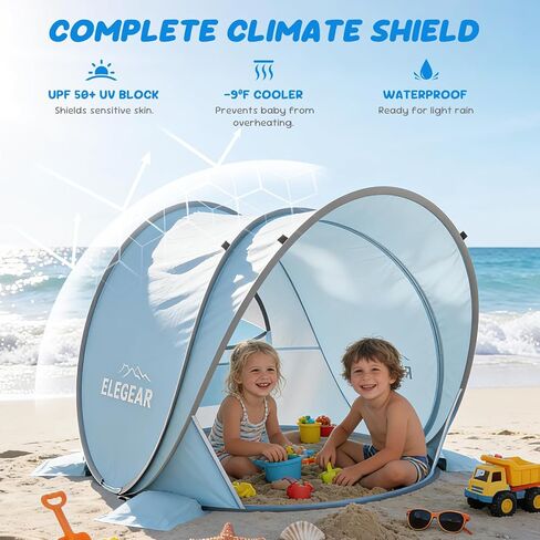 Elegear Pop Up Baby Beach Tent with Mini Canopy, CumbreX™ UPF 50+ UV Protection Baby Tent Sun Shelter, 1S Setup Portable Baby Beach Essentials Shade for Infant Toddler Outdoor Indoor Play - Blue in Saudi Arabia