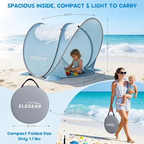 Elegear Pop Up Baby Beach Tent with Mini Canopy, CumbreX™ UPF 50+ UV Protection Baby Tent Sun Shelter, 1S Setup Portable Baby Beach Essentials Shade for Infant Toddler Outdoor Indoor Play - Blue in Saudi Arabia