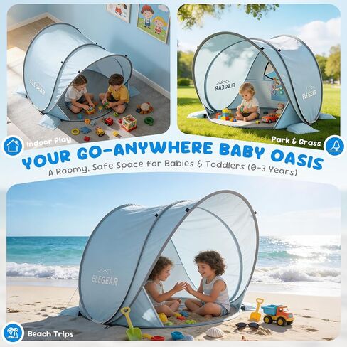 Elegear Pop Up Baby Beach Tent with Mini Canopy, CumbreX™ UPF 50+ UV Protection Baby Tent Sun Shelter, 1S Setup Portable Baby Beach Essentials Shade for Infant Toddler Outdoor Indoor Play - Blue in Saudi Arabia