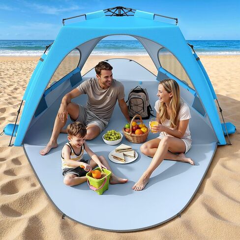 Raynesys Beach Tent Sun Shelter، مظلة الشاطئ المنبثقة 3-4 أشخاص، خيمة محمولة لتظليل الشمس مع حقيبة حمل للرمال والخارجية، حماية من الأشعة فوق البنفسجية 30+، نافذة شبكية قابلة للتنفس، أزرق سماوي in Kuwait