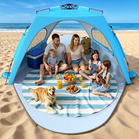 Raynesys Beach Tent Sun Shelter, 3-4 Person Pop Up Beach Canopy, Portable Sun Shade Tent with Carrying Bag for Sands & Outdoor, UPF 30+ UV Protection, Breathable Mesh Window, Sky Blue in Saudi Arabia