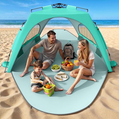 Raynesys Beach Tent Sun Shelter, 3-4 Person Pop Up Beach Canopy, Portable Sun Shade Tent with Carrying Bag for Sands & Outdoor, UPF 30+ UV Protection, Breathable Mesh Window, Sky Blue in Saudi Arabia
