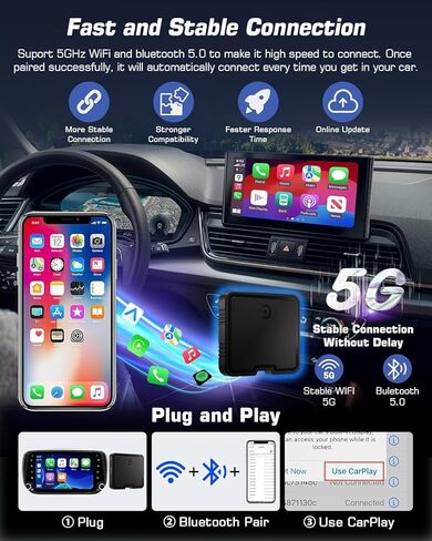 Wireless CarPlay Adapter AI Box for iPhone & Android Auto – YouTube & Netflix Support, TF Card Offline Playback, Plug and Play, Wired to Wireless Conversion, Stable 5.8GHz WiFi & Bluetooth 5.3 in Saudi Arabia