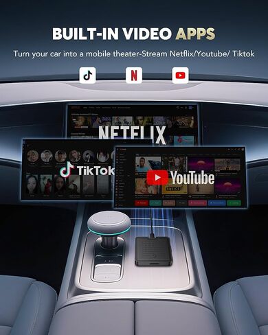محول CarPlay لاسلكي 2 في 1 لبث Netflix/YouTube/TikTok/TF Card، 2025 Magic Video AI Box & Android Auto Dongle، التوصيل والتشغيل، يناسب iPhone 8+/iOS10+/Android 11+ in Kuwait